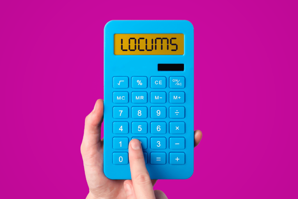 Locums spelled out on a calculator to signify savings with a healthcare msp.