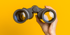 Hand holding up a pair of binoculars.