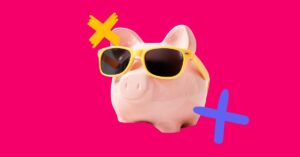 A piggy bank in sunglasses to represent cost effective healthcare staffing.