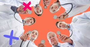 Doctors standing in a circle and looking down to represent healthcare workforce development.