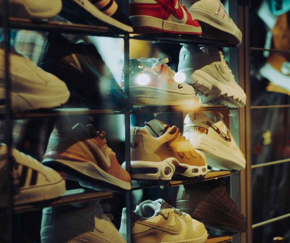 Rack of walking shoes.