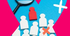 Icons representing people spread out next to a magnifying glass to represent using a healthcare staffing ATS to find candidates.