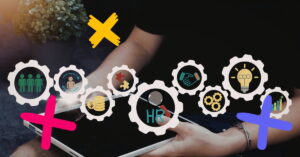 Cog icons with different workplace symbols to represent a healthcare VMS.