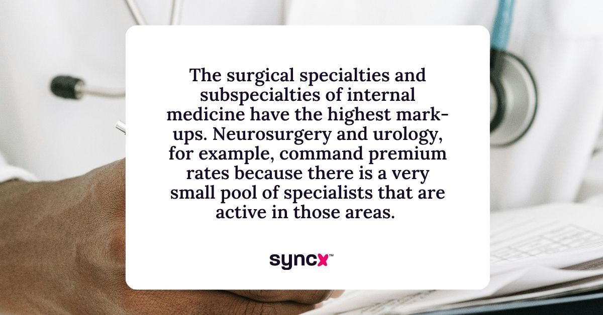 Quote about surgical and internal medicine subspecialties driving premium rates.